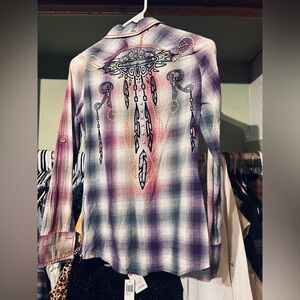 Roar Native Song purple plaid embroidered button shirt.